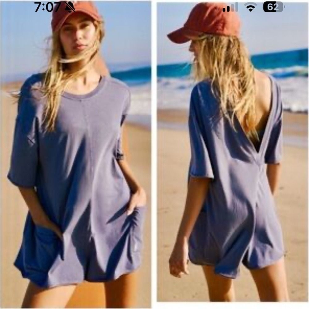 Free People FP Movement Hot Shot short sleeve Tee Romper Blue Indigo XS new